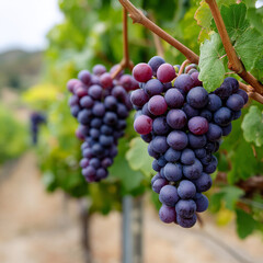 Fototapeta premium Ripe purple grapes hanging on a vine in a vineyard, ready for harvest.