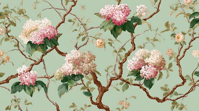Vintage floral wallpaper with delicate pink hydrangeas and green foliage on a pale mint background