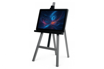 Artist easel displaying glowing abstract digital art on a screen, representing creativity, future art, and technology