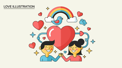 Love illustration depicting a couple holding hands with a rainbow and hearts symbolizing affection and romance