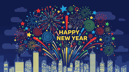 Happy New Year Celebration Fireworks Display Above City Skyline with Festive Colors