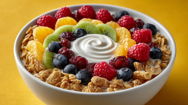 Healthy yogurt bowl with fruits and granola on a yellow background. - Powered by Adobe