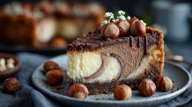 Hazelnut mousse cake with chocolate drizzle and toasted nuts - Powered by Adobe