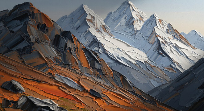 3D Textured oil painting wallpaper showing Alps mountains in earth tones with heavy impasto relief