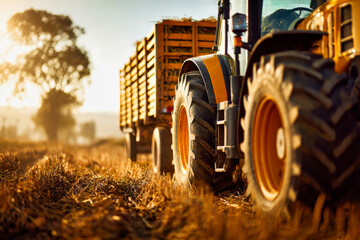 A yellow tractor with a trailer collects a bountiful carrot harvest under warm sunlight in a farmer's field during the vibrant harvest season