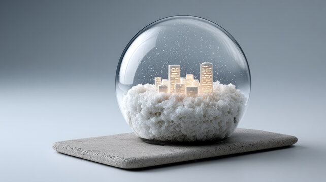 Miniature city in a snow globe on a textured surface. - Powered by Adobe