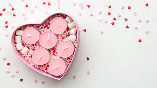 st valentine's day concept top view of A heart-shaped box holds pink candles surrounded by colorful candies and marshmallows.