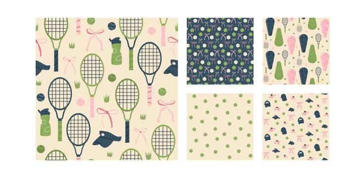 Retro tennis seamless pattern collection with rackets and balls. Sport-themed repeating print perfect for wrapping paper, backgrounds, or textile design with vintage accents. Vector coquette aop.