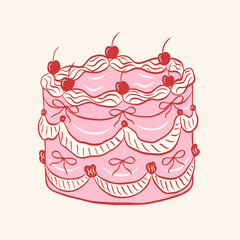 Coquette vintage hand drawn cake with cherry, bows and ribbons. Cute romantic illustration. Perfect for Valentines day, wedding invitation, birthday card.
