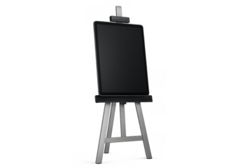 Digital tablet on an easel stand, blank screen showing space for creative art, design, or presentation mockup