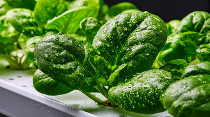Close-up view of fresh spinach leaves showing dew drops, thriving in a modern hydroponic setup, showcasing a sustainable growing method