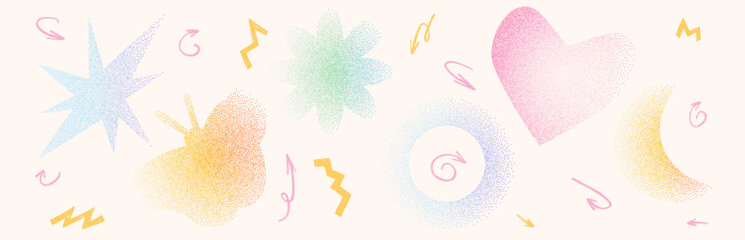 Colorful y2k star, heart, butterfly, flower shapes with grain noise gradient set. Trendy blue, green, pink stippling forms set. Butterfly, floral icons on beige background. Vector pastel illustration.