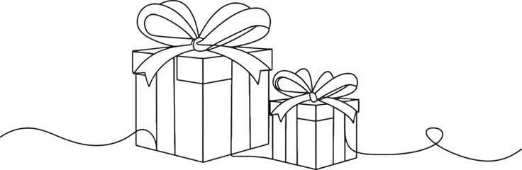 Continuous line drawing of two gift boxes with ribbon bow isolated on