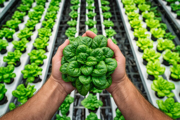 Hands cradle vibrant spinach, highlighting high-tech hydroponic farming techniques used for growing organic produce in a controlled environment