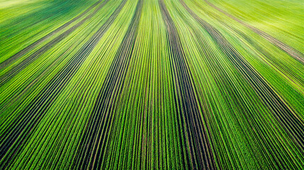 Close-up view of a lush green farm field during harvest season, highlighting the intricate rows of plantings illuminated by bright sunlight