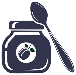 Stylized dark plum jam or preserve jar with fruit label and spoon graphic illustration