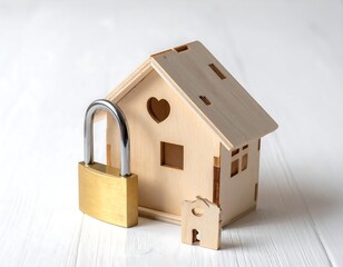 Concept wooden house with padlock on white background for real estate security