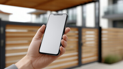 Hand holding smartphone with blank screen for mockup, showing modern mobile technology for communication and smart home automation control at entrance gate with copy space