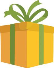 Yellow gift box with green ribbon and bow isolated on