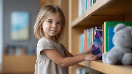 Young girl choosing a book from a bookshelf in a library, learning and discovering new stories, embracing childhood education and development with copy space