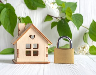 Conceptual wooden house with a padlock symbolizing home security and safety