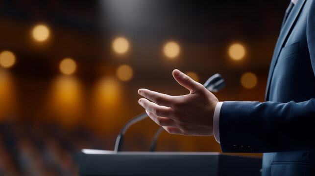 Speaker addressing audience, presenting a concept on stage during a business conference, making a public speech from a podium, communicating ideas and leadership with copy space