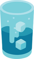 Isometric illustration of a glass of cold blue liquid with ice cube