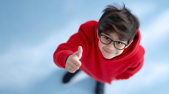 Young boy in red hoodie and glasses smiling and giving a thumbs up gesture, representing concepts of agreement, approval, satisfaction, and encouragement from an overhead view - Powered by Adobe