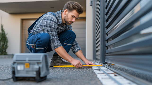 Skilled professional installing or maintaining an automatic sliding gate, working on the rail system with a ruler to ensure proper alignment and functionality