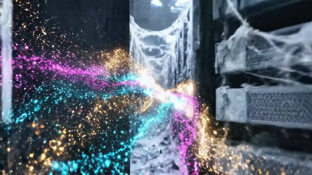 A dilapidated server room spews multicolored energy through broken walls, covered in cobwebs