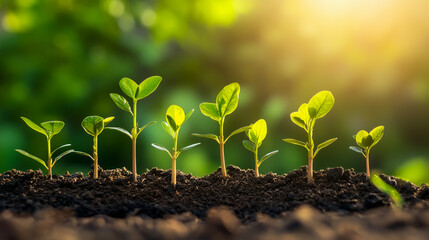 Fototapeta premium Young green seedlings growing in fertile soil under warm sunlight representing new beginnings and sustainable growth. Concept of environment, ecology, hope, and nature renewal.