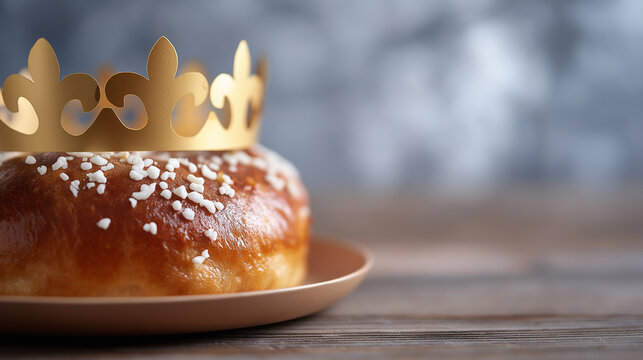 Golden crown placed on a brioche king cake with sugar sprinkles, symbolizing epiphany tradition, holiday celebration, and festive dessert for january's religious feast with copy space