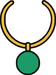 Simple illustration of a gold necklace with a green round pendant isolated on