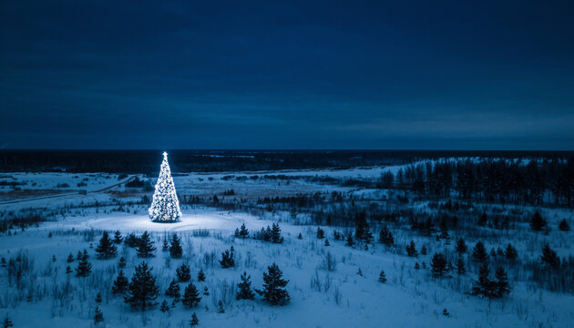 A solitary illuminated Christmas tree stands in a vast, snow-covered wilderness at twilight.