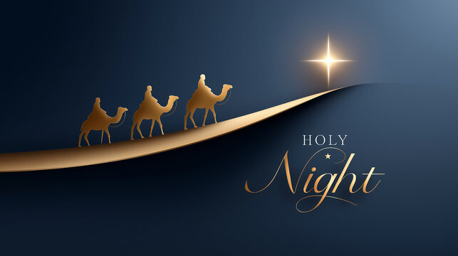 Three wise men riding camels, following the guiding light of the star of bethlehem towards the horizon, symbolizing the biblical journey of the magi on a sacred holy night