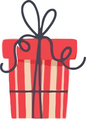Hand drawn red and white striped gift box with black ribbon isolated on