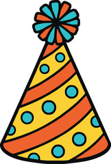 Colorful striped party hat with blue polka dots isolated on