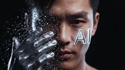 Asian man with metallic silver face covering gradually reveals identity. Hands uncover eyes in progression. AI text emerges on skin symbolizing human technology integration and futuristic advertising - Powered by Adobe