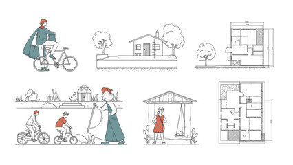 Fototapeta premium A collection of architectural drawings and illustrations depicting people, buildings, and landscapes in a minimalist style, showcasing various scenes and floor plans.