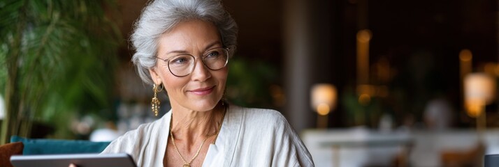 Elegant mature caucasian woman with tablet in cozy indoor setting
