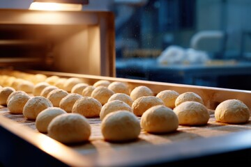 Freshly baked bread rolls on conveyor belt in industrial bakery