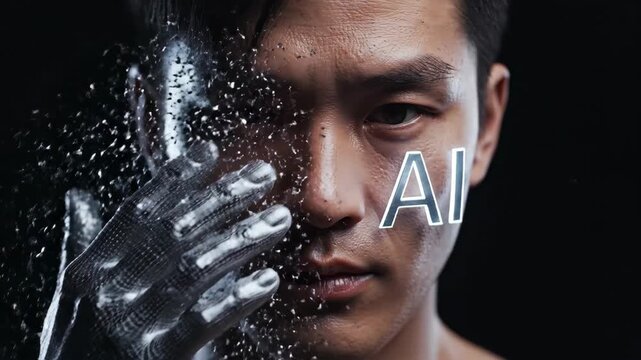 Asian man with metallic silver face covering gradually reveals identity. Hands uncover eyes in progression. AI text emerges on skin symbolizing human technology integration and futuristic advertising
