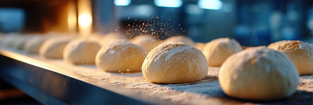 Rows of freshly baked bread rolls in an industrial bakery oven - Powered by Adobe