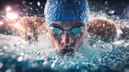 Swimmer competes in butterfly stroke, showcasing power and speed in a bright competition setting