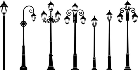 A collection of seven different street lamp designs, each with unique features and styles, perfect for urban design projects