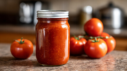 Jar of homemade tomato sauce with fresh tomatoes on a counter.