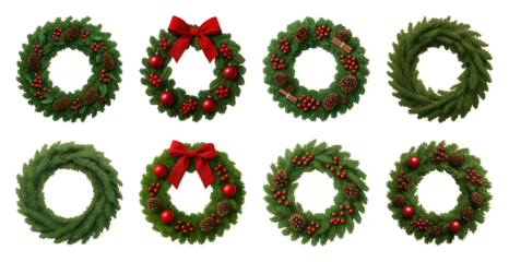 PNG Festive wreaths with red accents, transparent background