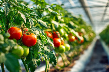 Bright red and green tomatoes grow on healthy plants in a greenhouse, highlighting the beauty of gardening and sustainable farming practices in a vibrant setting
