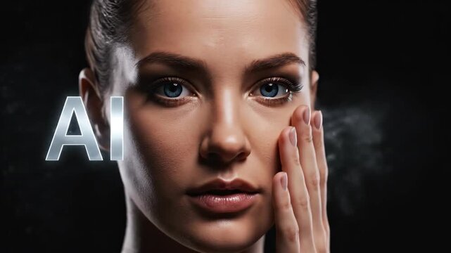 Woman integrating with artificial intelligence. Face partially covered by metallic robotic overlay in close-up sequence. Cybernetic human enhancement and digital fusion concept for technology
