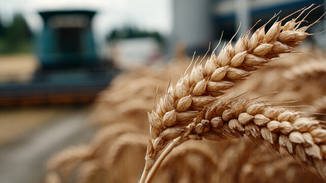 Close-up of wheat ears with farm equipment in background.